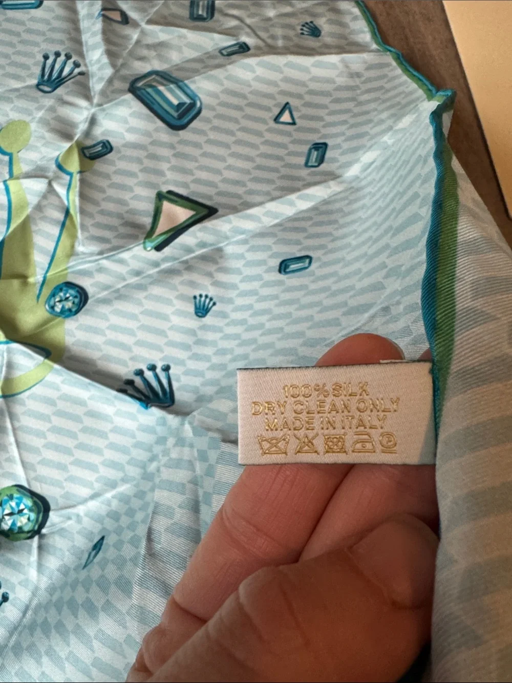 Rolex Silk Scarf in light blue, Green & Teal with Crown Motif - 100% silk